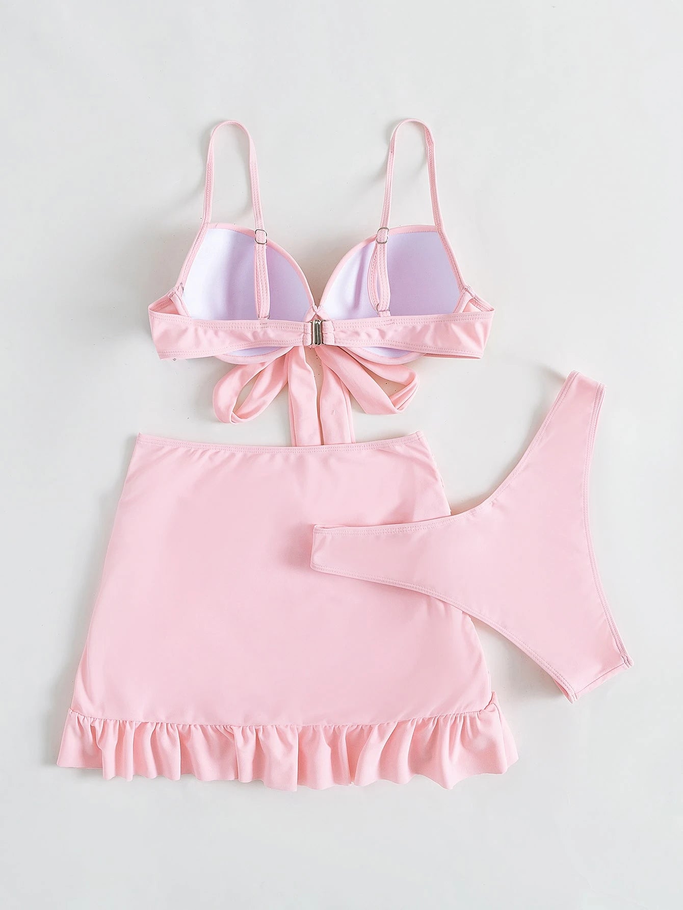 Swim Mod Summer Beach Solid Bikini Set Knot Front Push up Bra & High Cut Bottom & Ruched Beach Skirt 3 Piece Bathing Suit