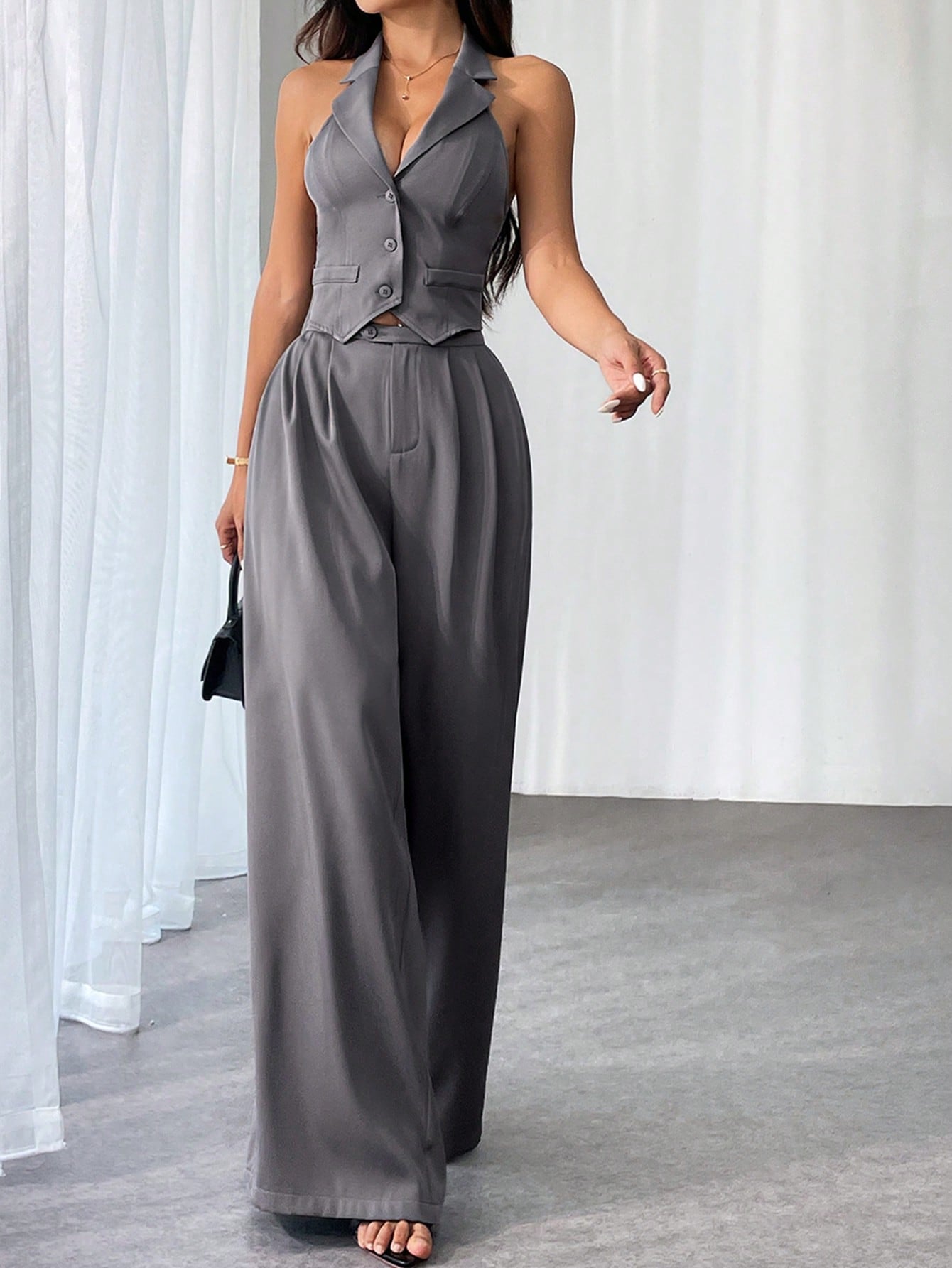 Privé Ladies' Commute Old Money Style Leisure Solid Color Simple Daily Slim-Fit Deep V Neck Sleeveless Blazer and Low Waist Wide-Leg Pants Set Set for Daily Work,Party and Street ,Business , Teacher