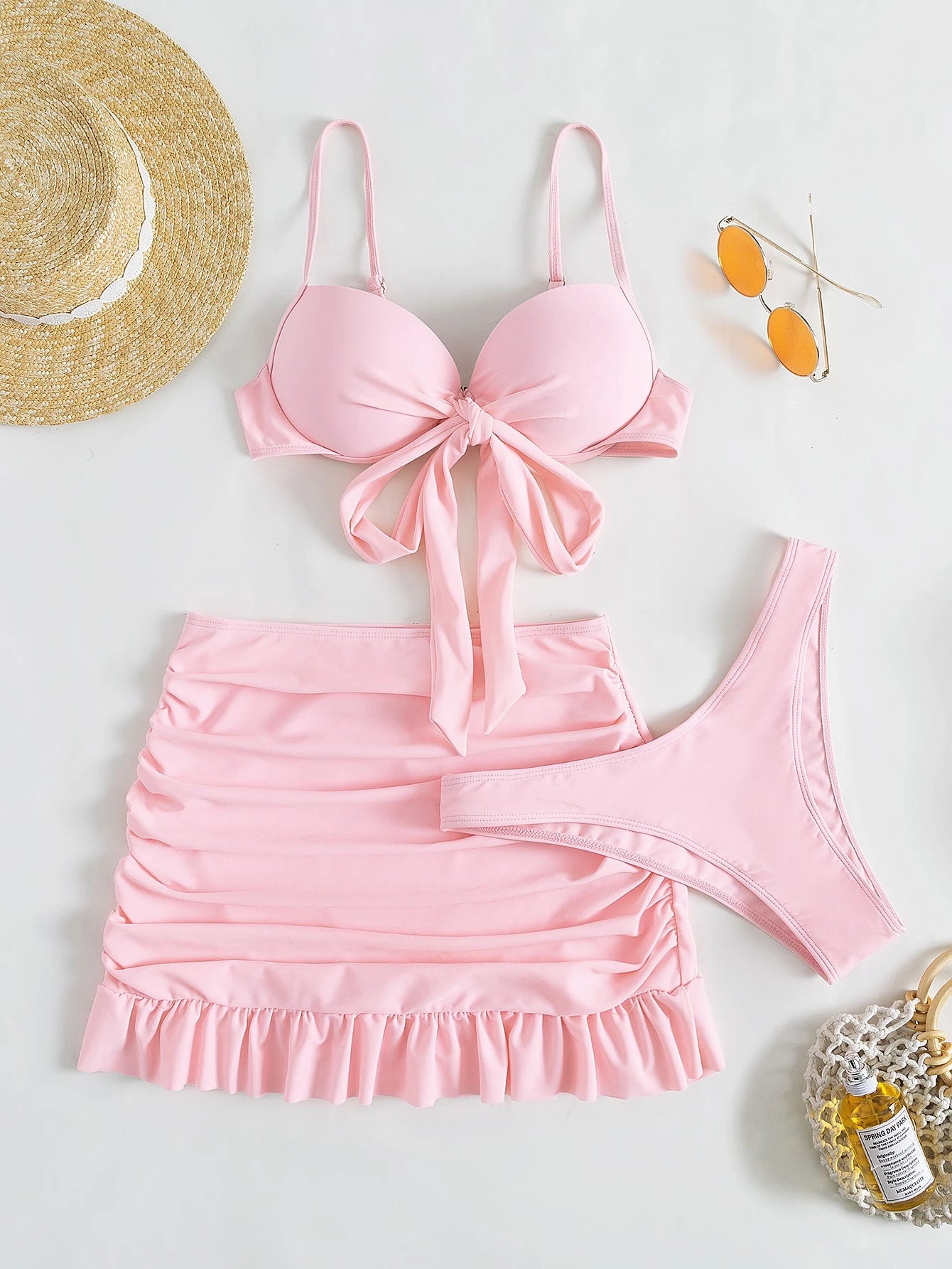 Swim Mod Summer Beach Solid Bikini Set Knot Front Push up Bra & High Cut Bottom & Ruched Beach Skirt 3 Piece Bathing Suit
