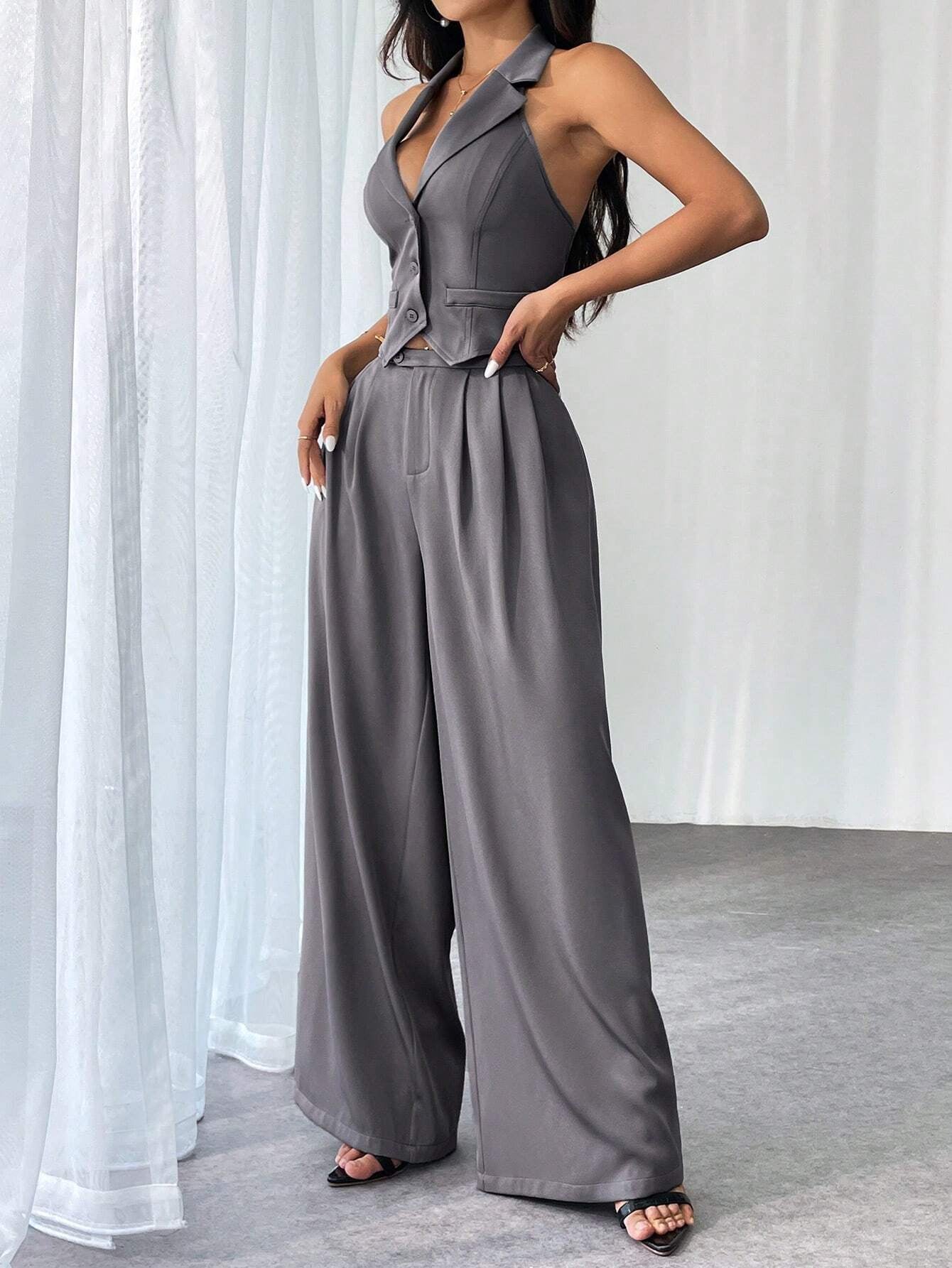 Privé Ladies' Commute Old Money Style Leisure Solid Color Simple Daily Slim-Fit Deep V Neck Sleeveless Blazer and Low Waist Wide-Leg Pants Set Set for Daily Work,Party and Street ,Business , Teacher