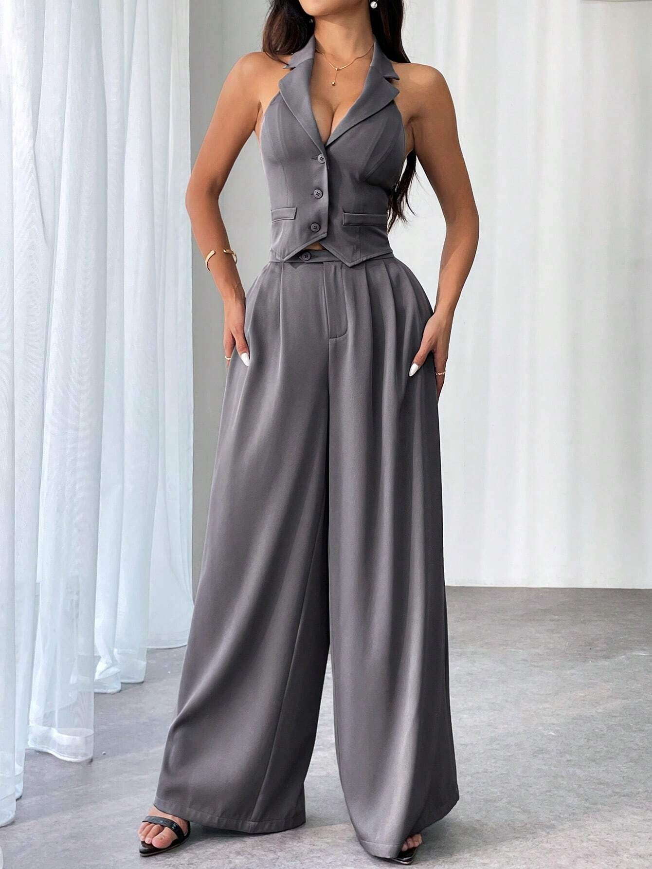 Privé Ladies' Commute Old Money Style Leisure Solid Color Simple Daily Slim-Fit Deep V Neck Sleeveless Blazer and Low Waist Wide-Leg Pants Set Set for Daily Work,Party and Street ,Business , Teacher