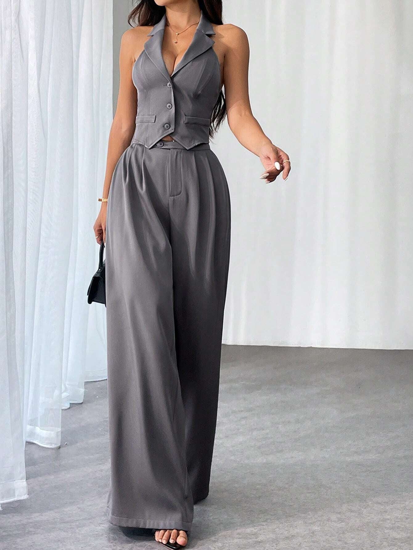 Privé Ladies' Commute Old Money Style Leisure Solid Color Simple Daily Slim-Fit Deep V Neck Sleeveless Blazer and Low Waist Wide-Leg Pants Set Set for Daily Work,Party and Street ,Business , Teacher