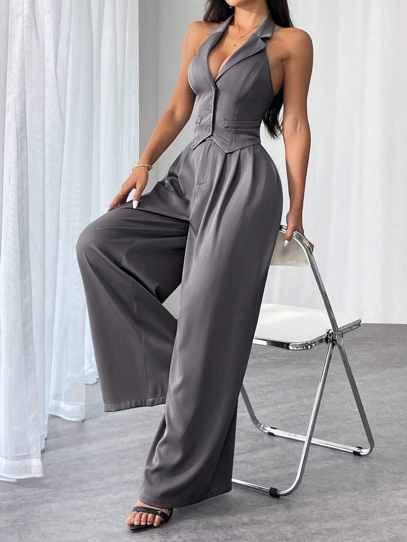 Privé Ladies' Commute Old Money Style Leisure Solid Color Simple Daily Slim-Fit Deep V Neck Sleeveless Blazer and Low Waist Wide-Leg Pants Set Set for Daily Work,Party and Street ,Business , Teacher