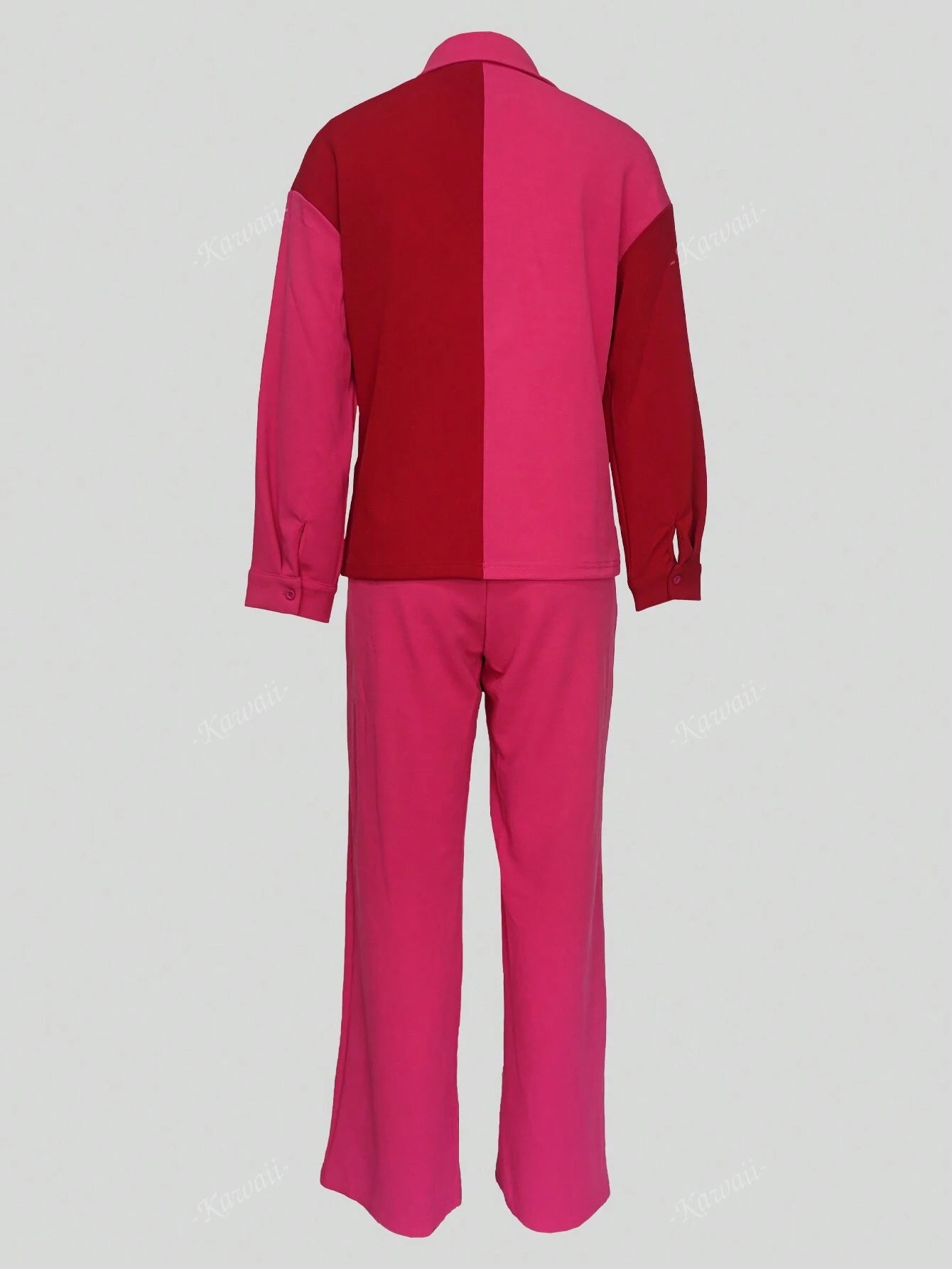 2Pcs Contrast Color Collared Casual Elegant Shirt and Solid Color Pants Suit