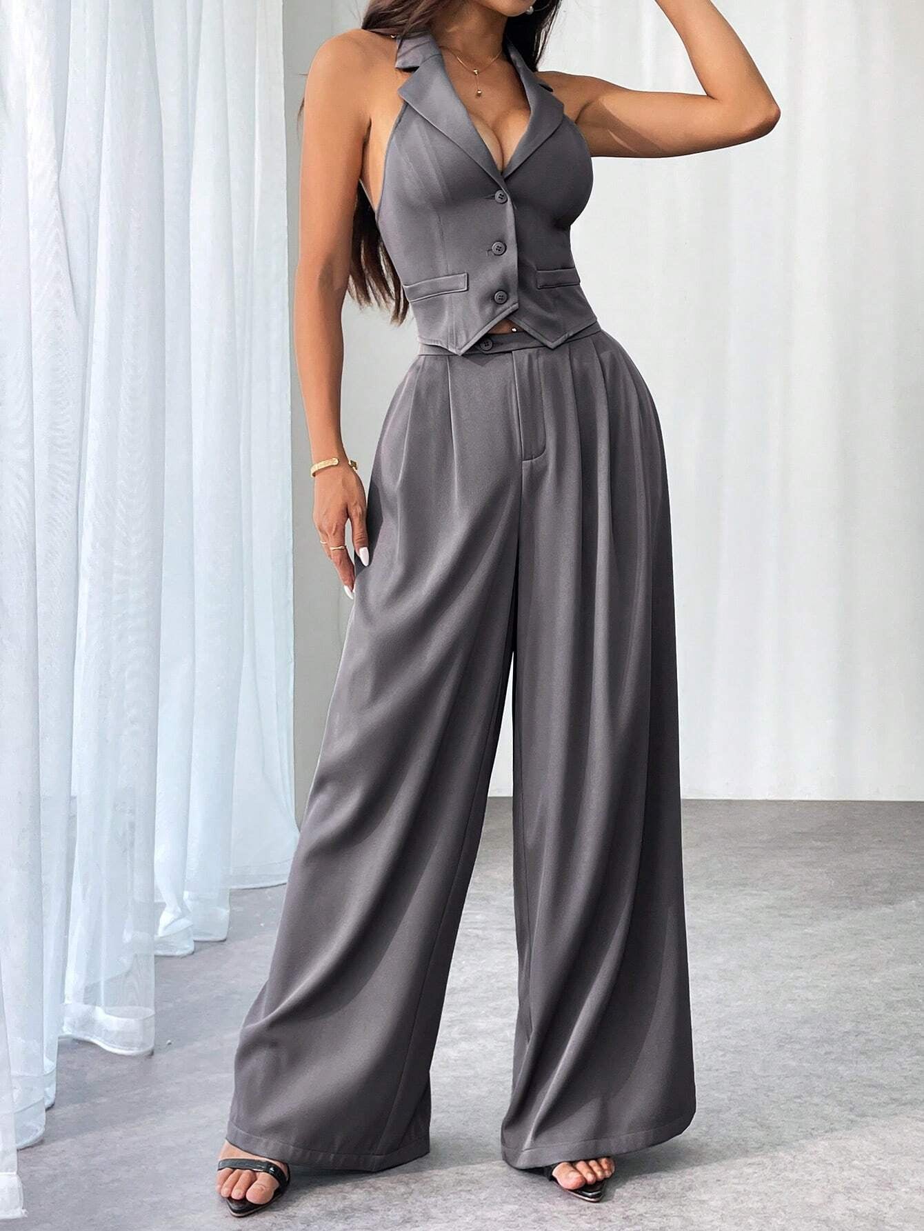 Privé Ladies' Commute Old Money Style Leisure Solid Color Simple Daily Slim-Fit Deep V Neck Sleeveless Blazer and Low Waist Wide-Leg Pants Set Set for Daily Work,Party and Street ,Business , Teacher