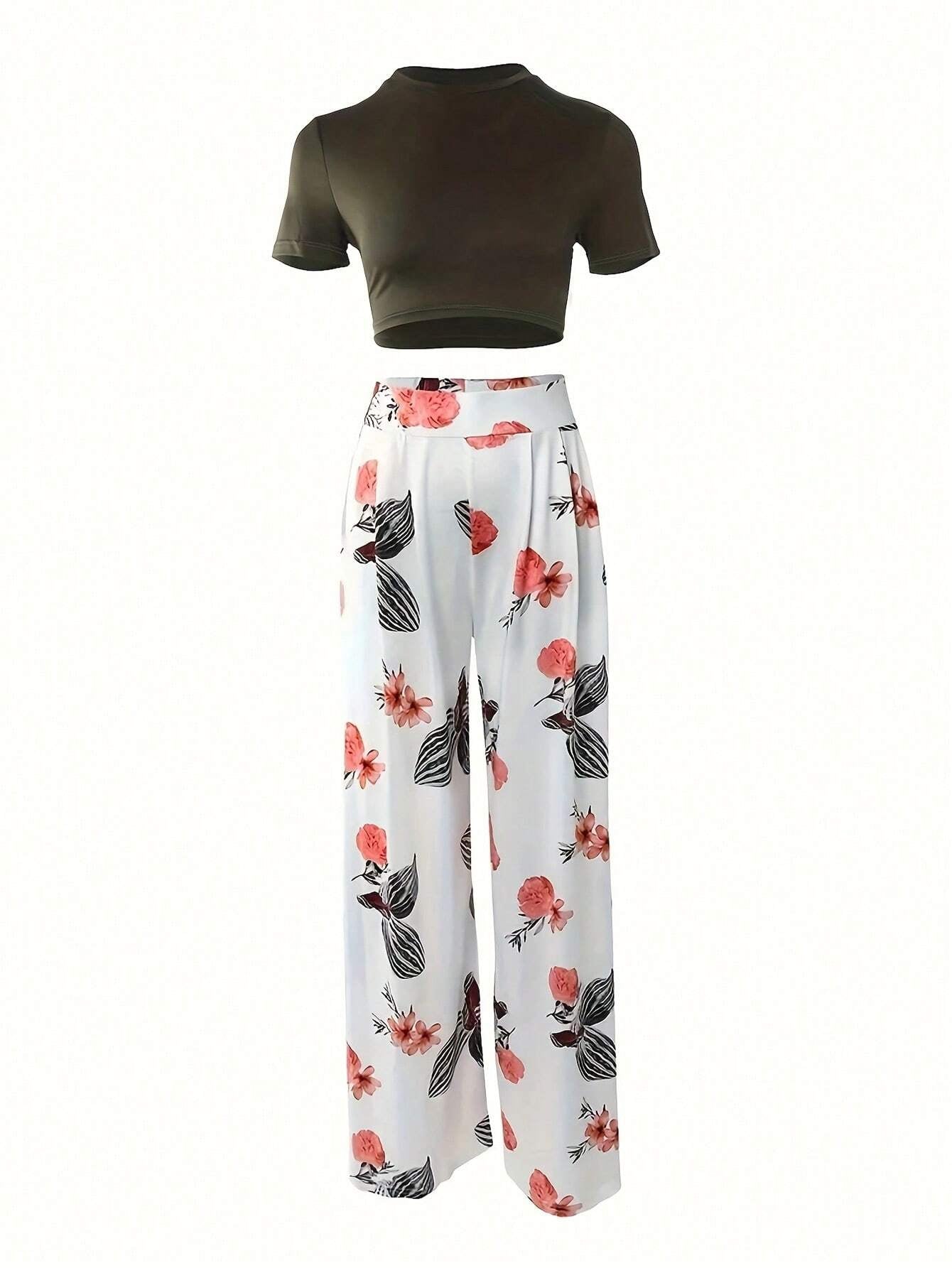 Vavabold Women Flower Print Crop Top and Plant Print Long Pants Set for Spring/Summer