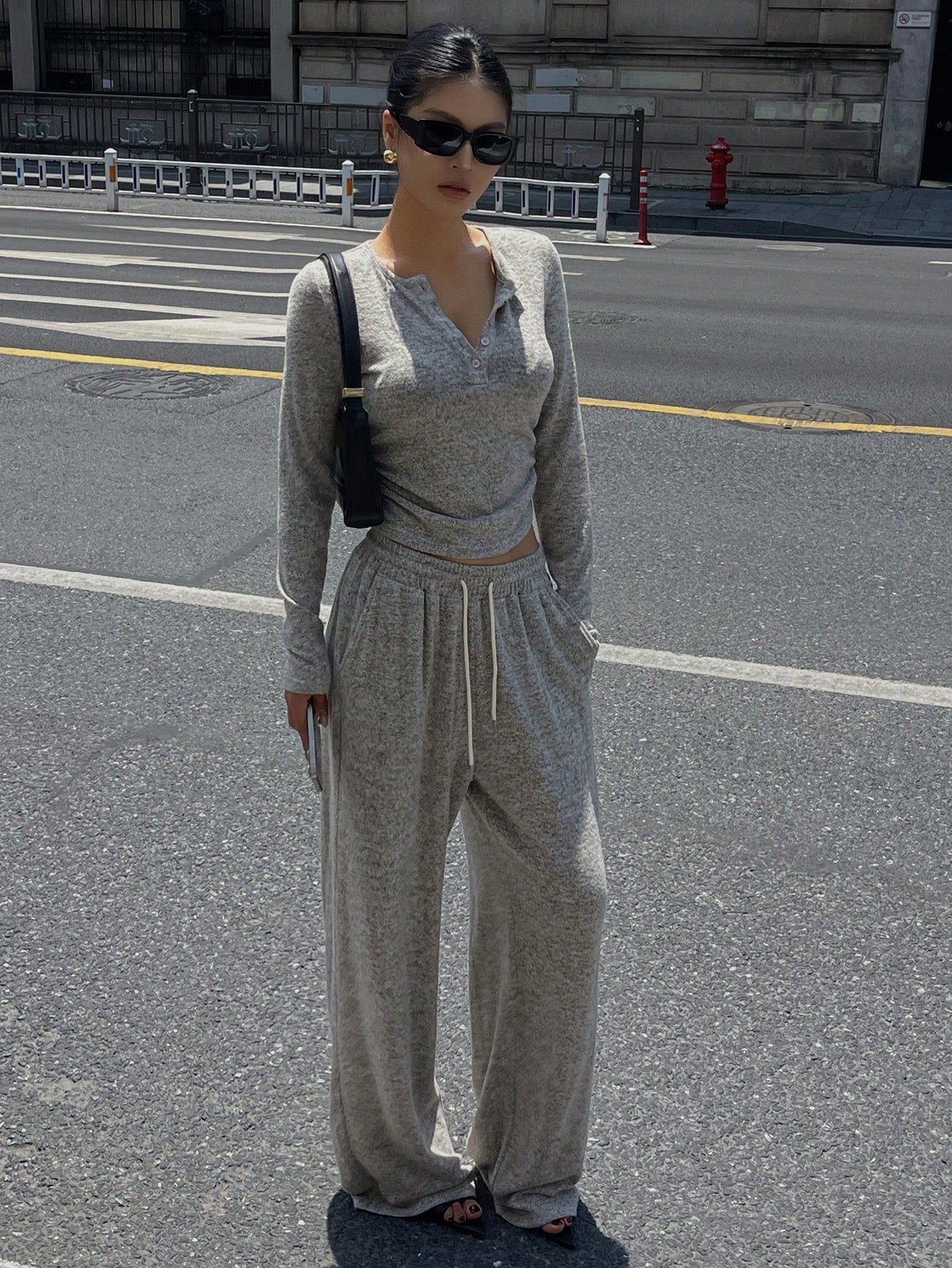 DAZY 2Pcs/Set Solid Color Long Sleeve Suit for Women Y2K