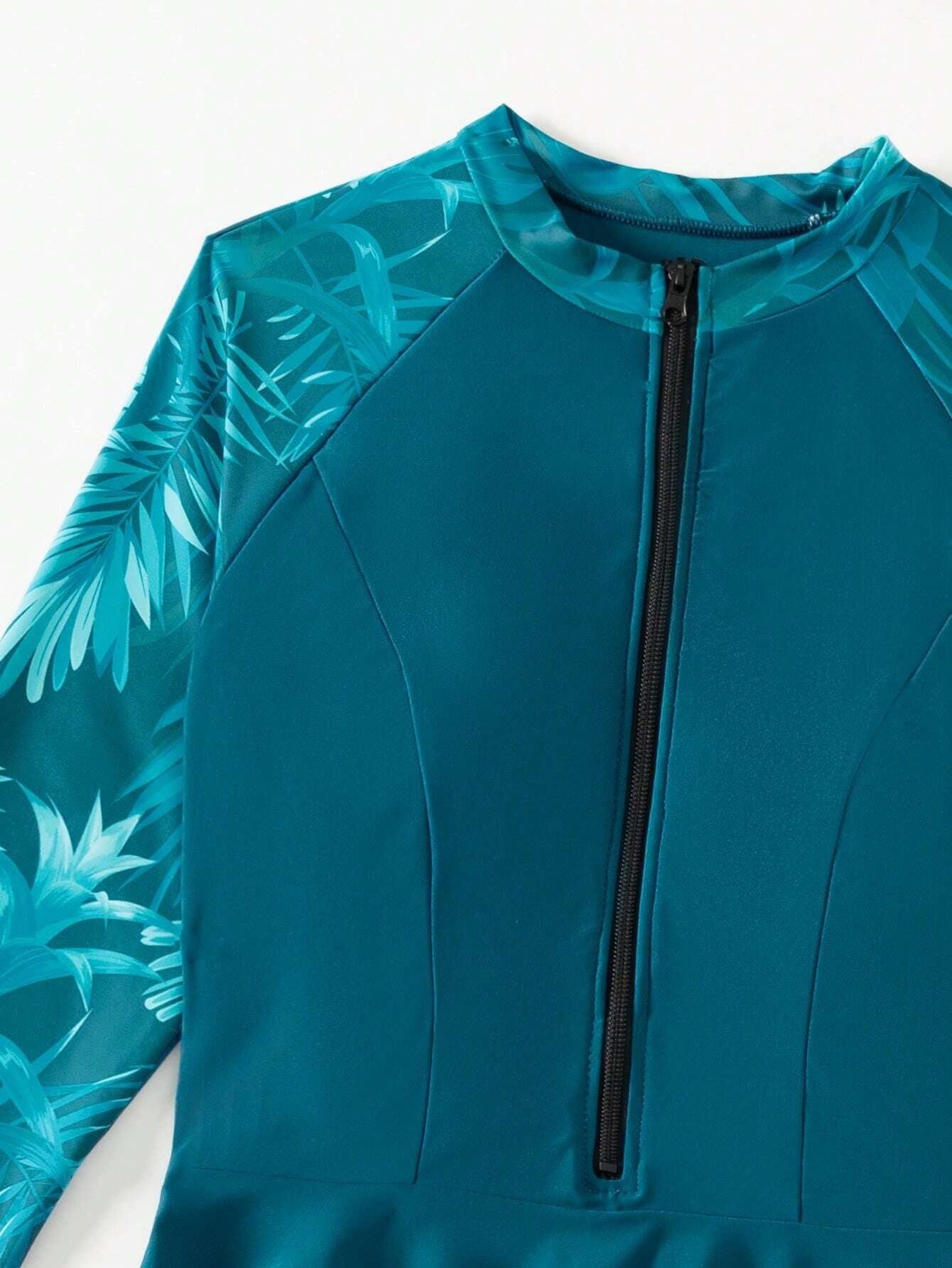 Swim Mulvari Women Summer Beach Contrast Plant Print Long Sleeve Top and Solid Pants Burkini Set Burkini Setteal Blue Dressarabic Clothing