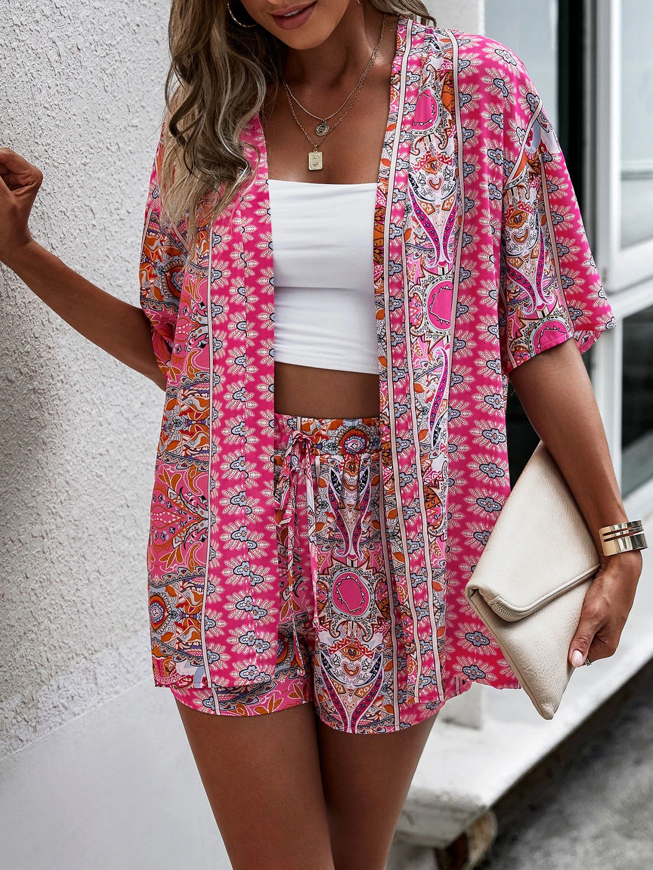 Breezaya Paisley Print Open Front Kimono & Shorts Set without Tube Top