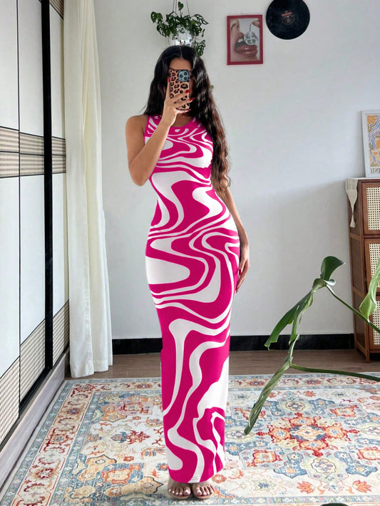 Islaluna Women'S Tie-Dye Print Fitted Dress, Summer Long Dress, Green Long Dress Maxi Women Outfit