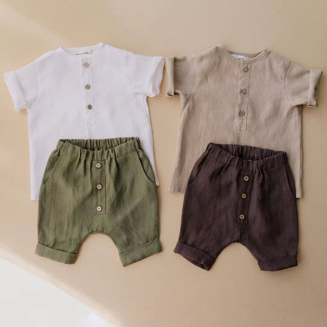 Vintage Linen Cotton Boys Shirt Toddler Kids Baby Summer Casual Clothes Sets Solid Short Sleeve T-Shirt Tops&Pants Outfit
