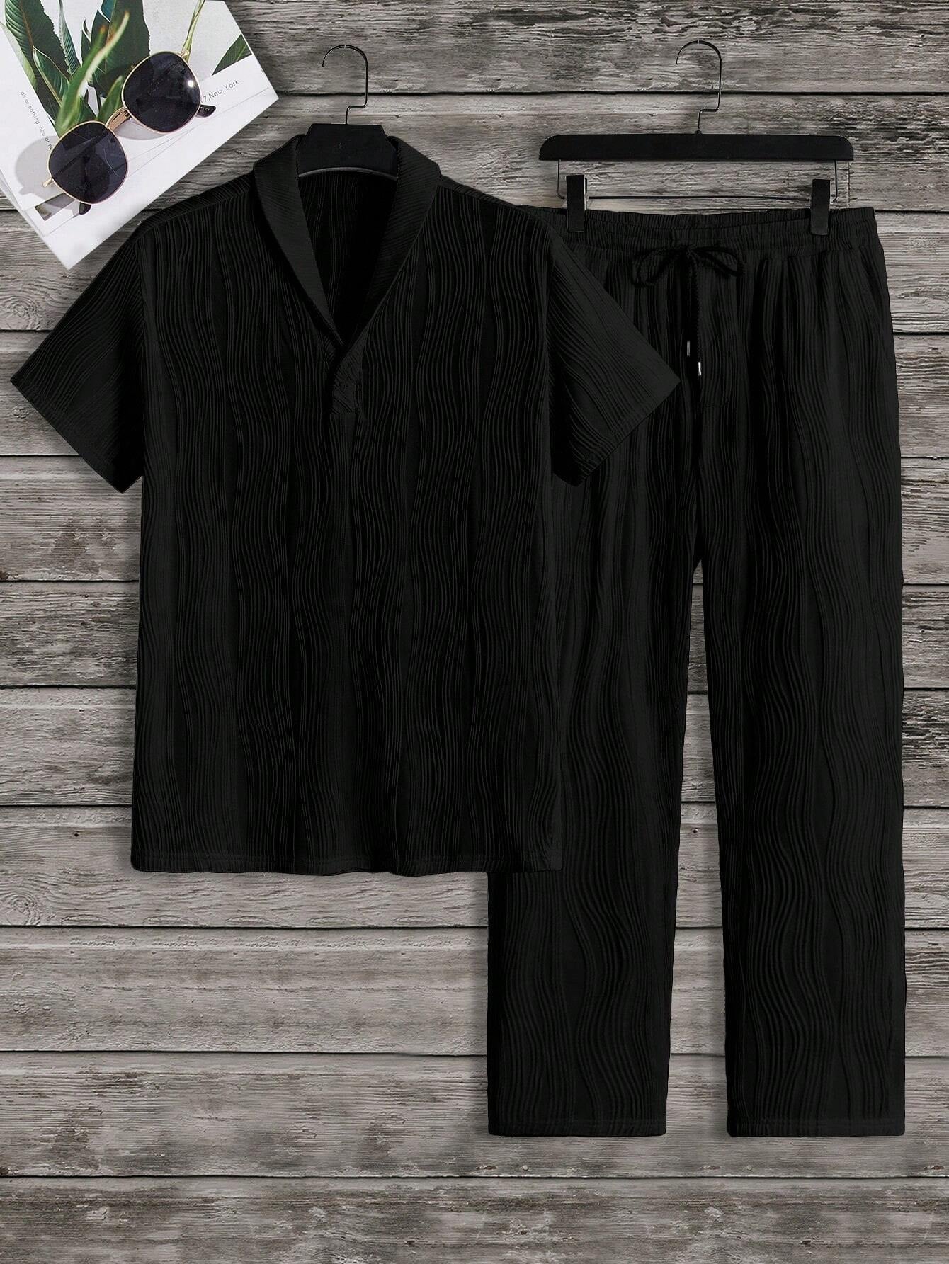 Manfinity Modagents Loose Men Solid Knitted Casual Short Sleeve Top and Trouser Two Pieces Set