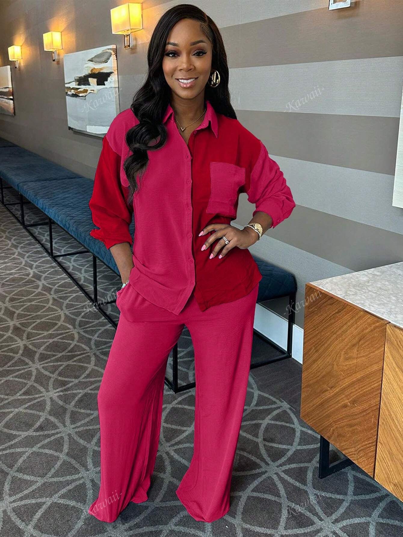 2Pcs Contrast Color Collared Casual Elegant Shirt and Solid Color Pants Suit