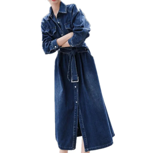 French Style Autumn Long Sleeve Shirt Style Denim Dress Women Casual Slim Waist A-Line Dress