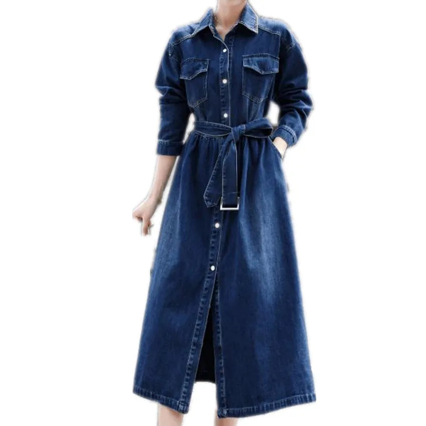 French Style Autumn Long Sleeve Shirt Style Denim Dress Women Casual Slim Waist A-Line Dress