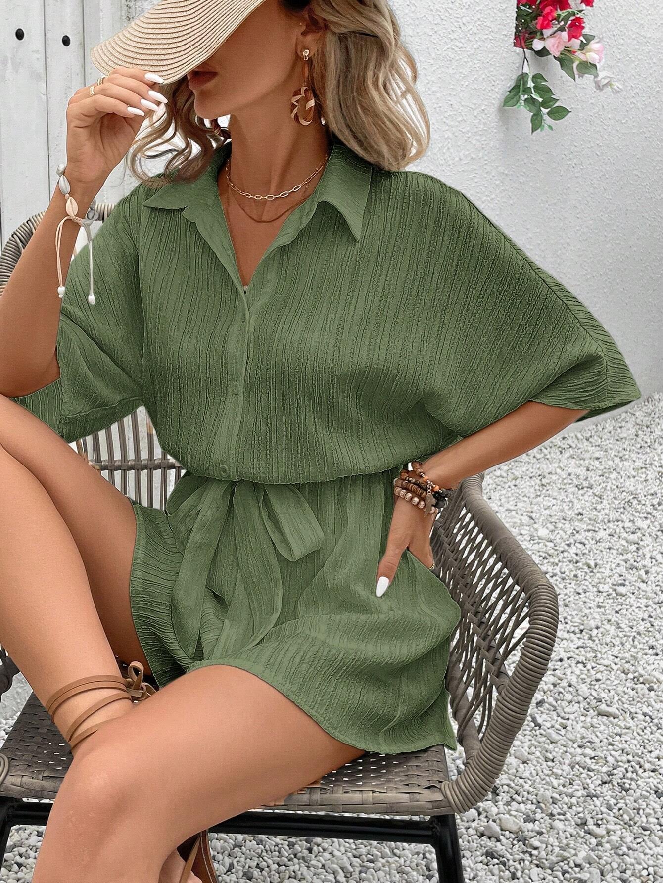 VCAY Ladies' Solid Color Front Knot Casual Short Sleeve Jumpsuit with Button