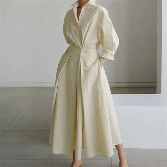 Woman Shirt Dress Beige Slim Waist One Button Stand Collar Long Sleeve Loose Casual Style 2024 New Autumn Fashion 15XM483