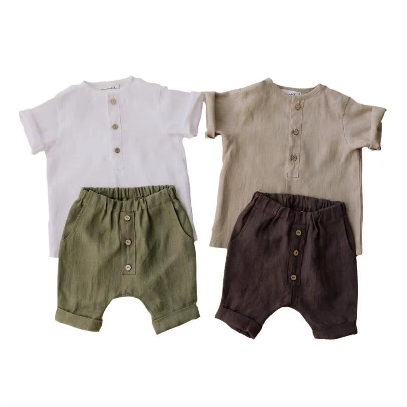 Vintage Linen Cotton Boys Shirt Toddler Kids Baby Summer Casual Clothes Sets Solid Short Sleeve T-Shirt Tops&Pants Outfit