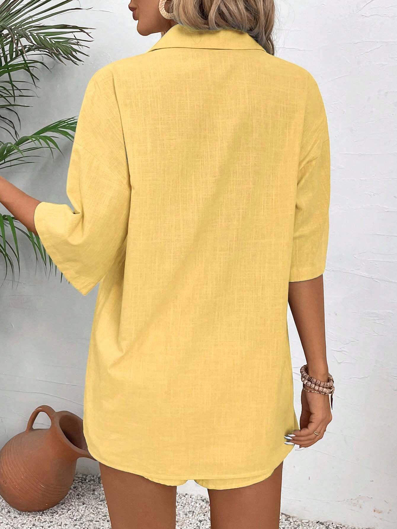 Breezaya Women'S Vacation Casual Solid Color Short Sleeve Shirt and Shorts Set