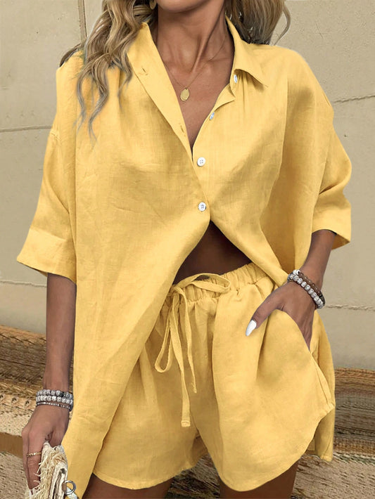 Breezaya Women'S Vacation Casual Solid Color Short Sleeve Shirt and Shorts Set