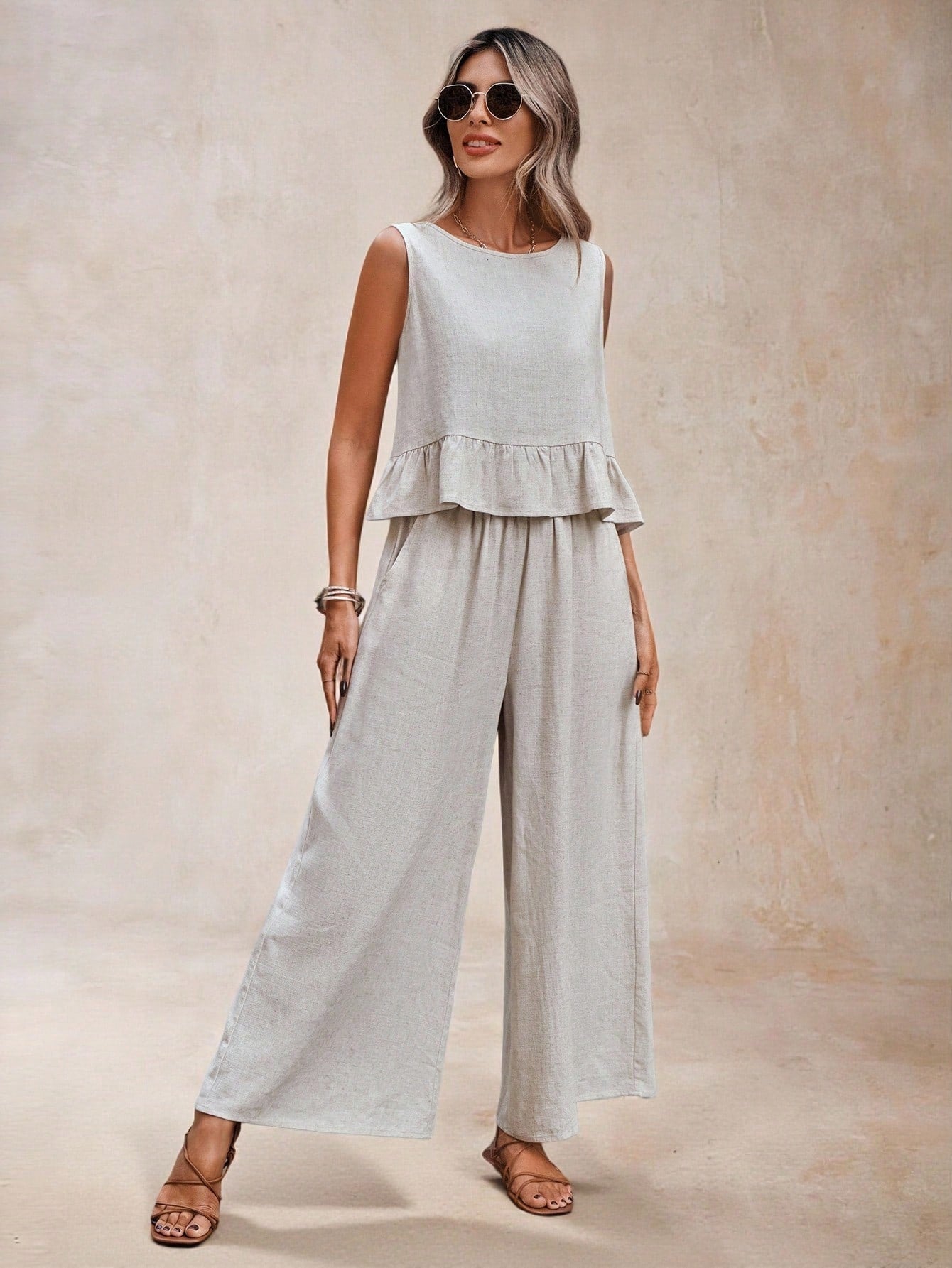LUNE Women 2 Pieces Set Linen Casual Crop Top and Pants