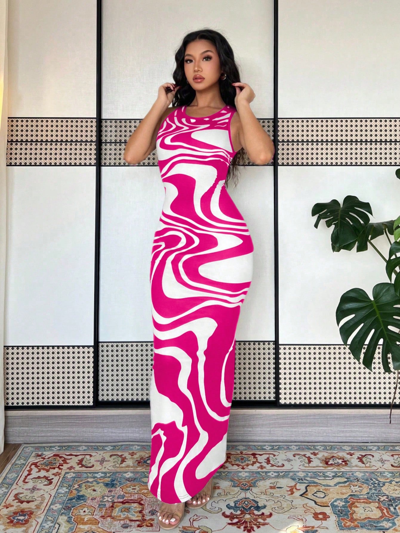 Islaluna Women'S Tie-Dye Print Fitted Dress, Summer Long Dress, Green Long Dress Maxi Women Outfit