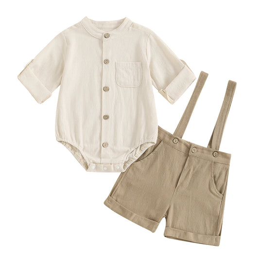 Baby Clothing Boys Solid Button Pocket Cotton Linen Bodysuits+Suspender Shorts Set Newborn Outfits 0-24M