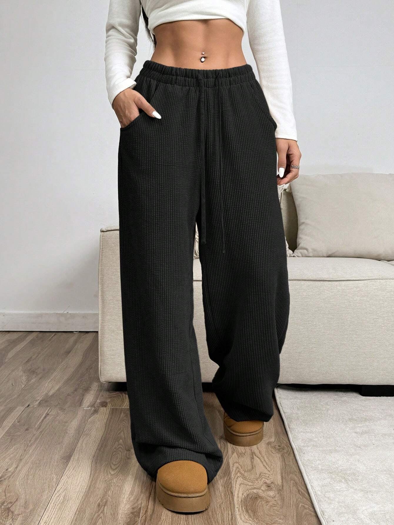 Ezwear Women'S Solid Color Front Tie Pocket Minimalist Wide Leg Pants, Casual Everyday Wear