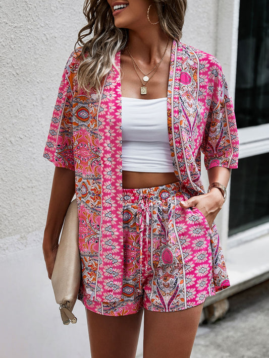Breezaya Paisley Print Open Front Kimono & Shorts Set without Tube Top