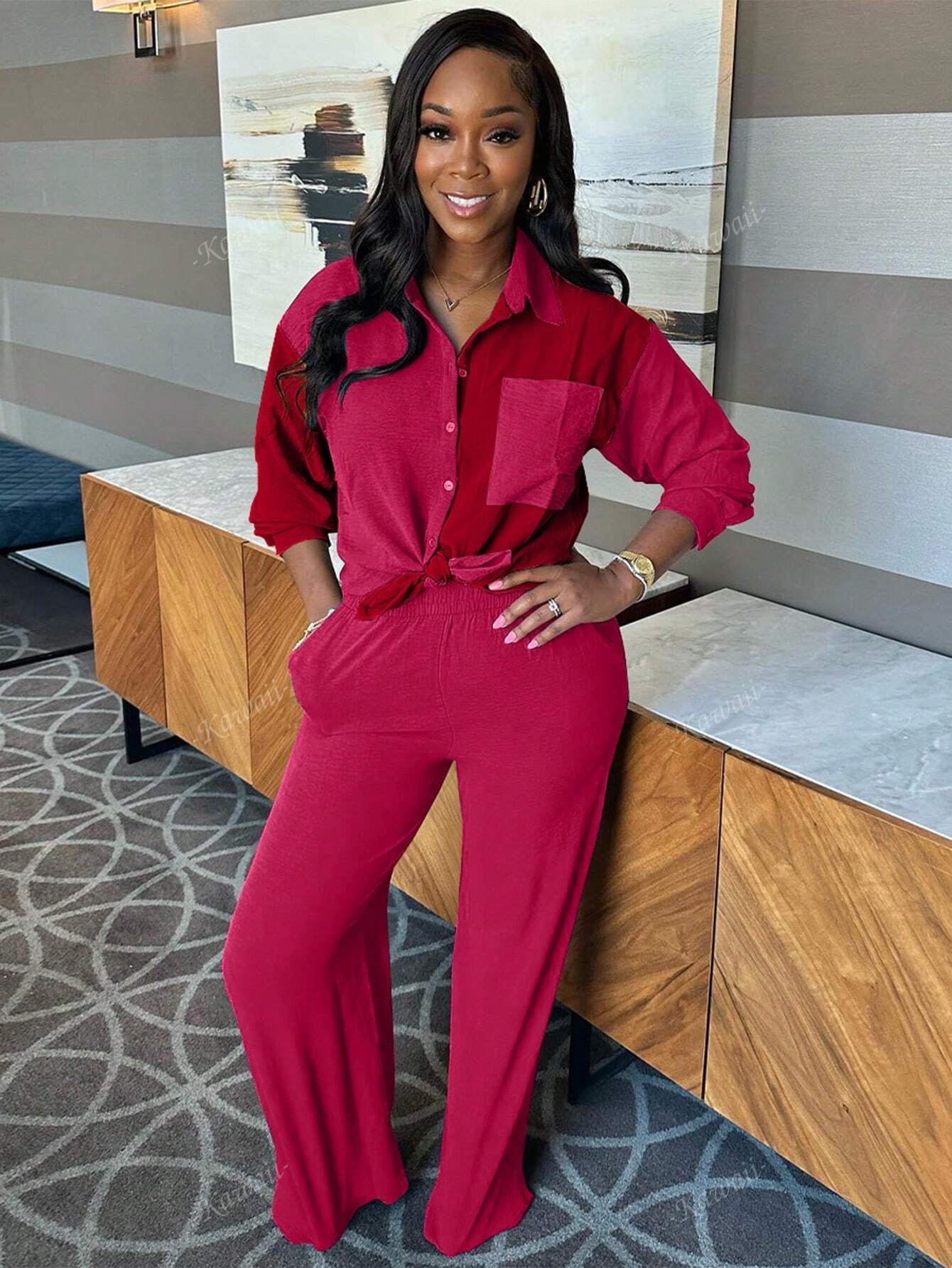 2Pcs Contrast Color Collared Casual Elegant Shirt and Solid Color Pants Suit