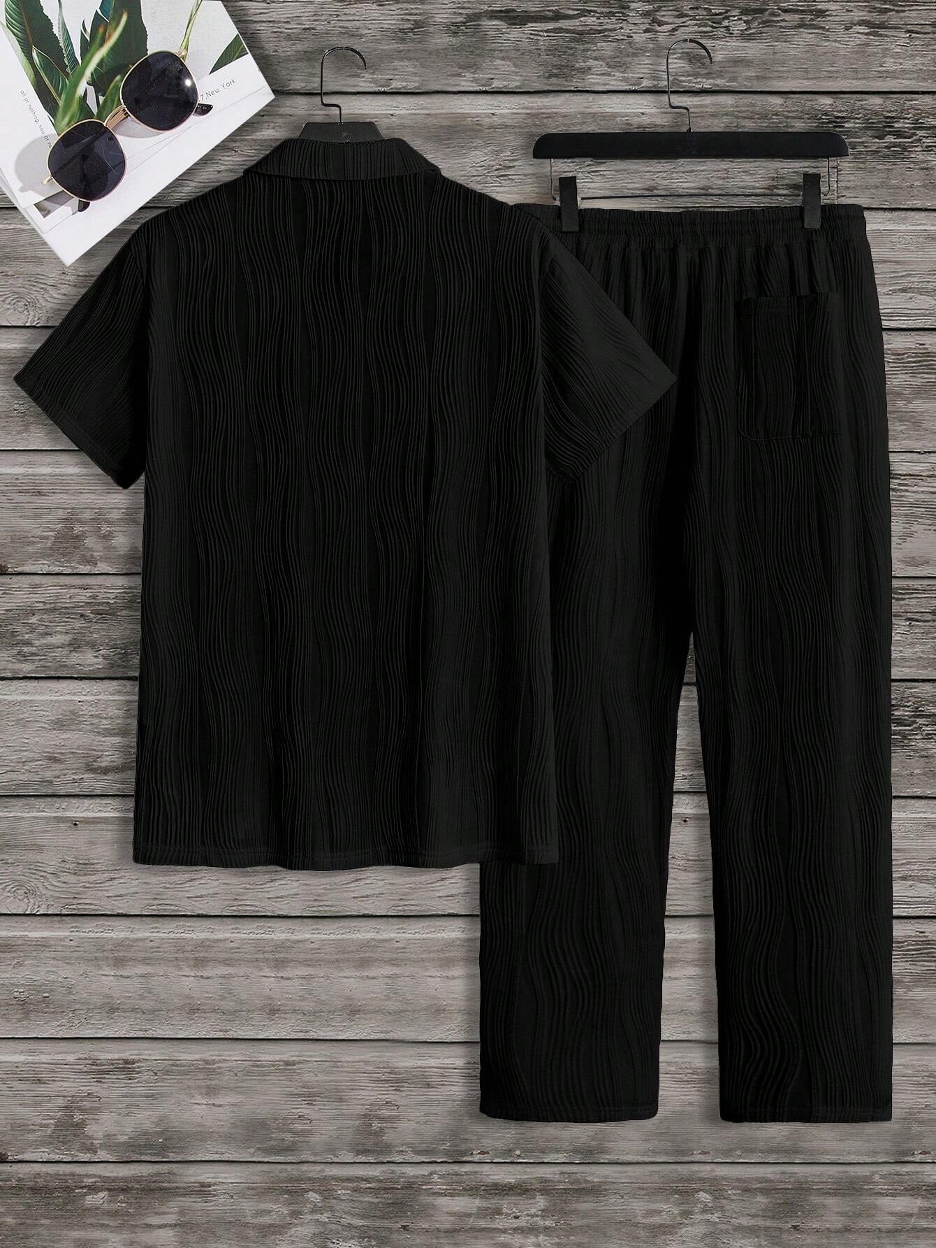 Manfinity Modagents Loose Men Solid Knitted Casual Short Sleeve Top and Trouser Two Pieces Set