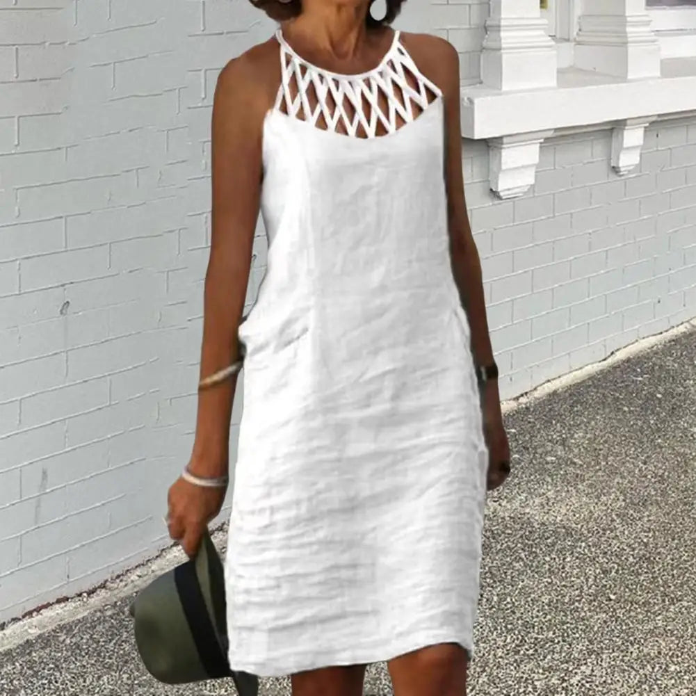 Vintage Dress Cotton Linen Women Clothing Summer Hallow Out Casual Chic Tunic Fashion Oversize Midi White Dresses Vestidos