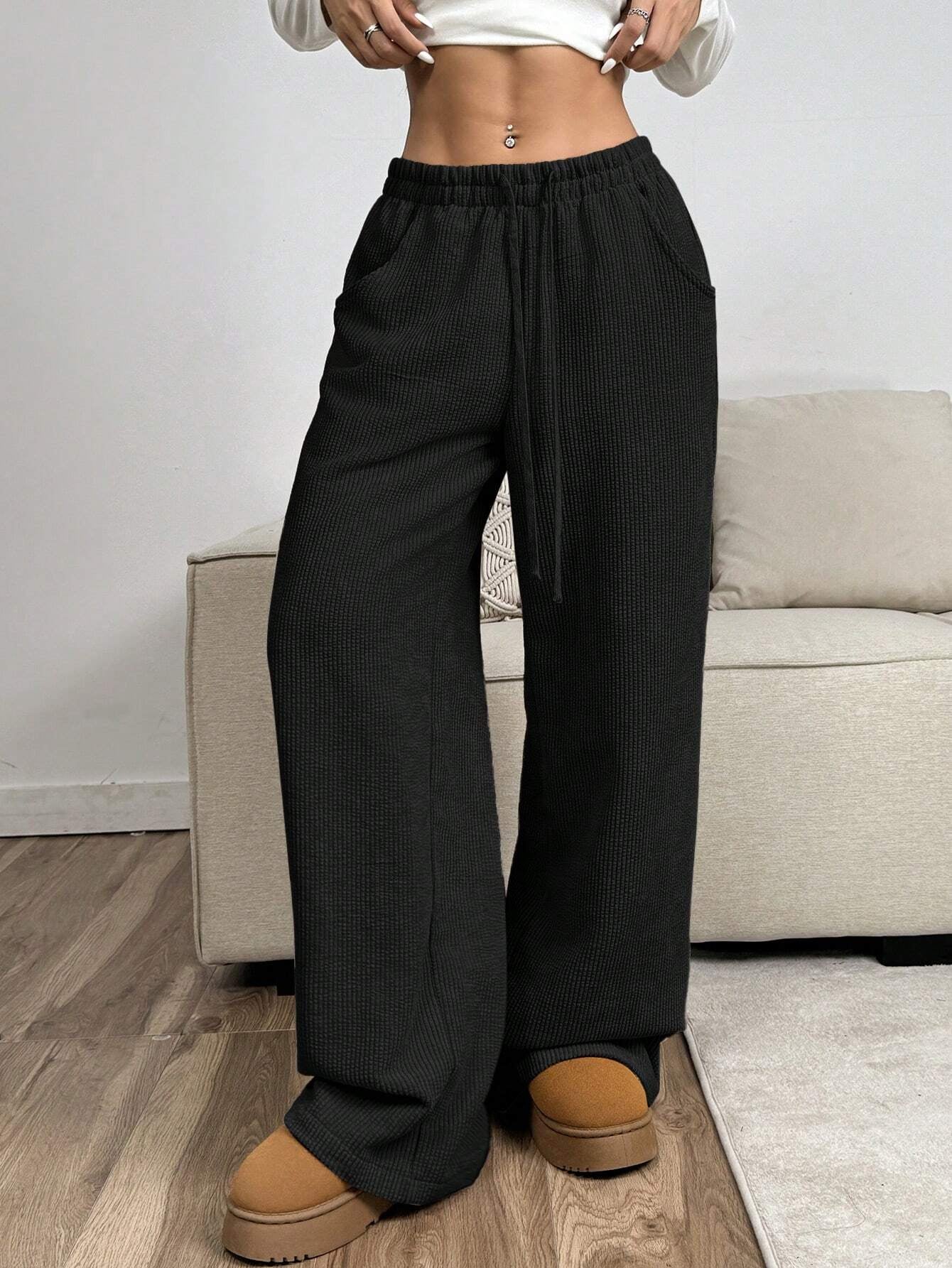 Ezwear Women'S Solid Color Front Tie Pocket Minimalist Wide Leg Pants, Casual Everyday Wear