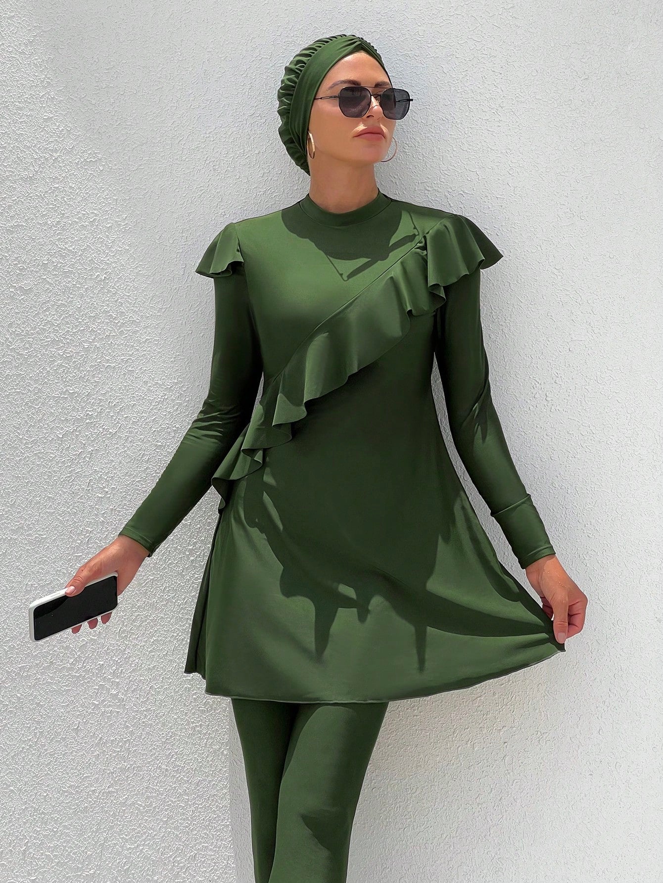 Swim Mulvari Summer Beach Ruffle Trim Full Cover Burkini Swimsuit with Swim Cap