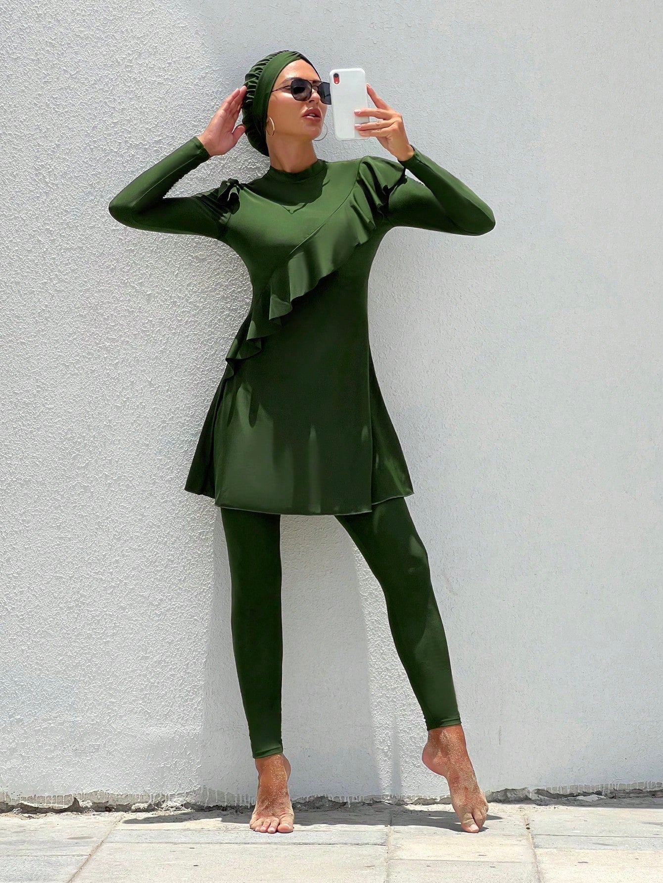 Swim Mulvari Summer Beach Ruffle Trim Full Cover Burkini Swimsuit with Swim Cap