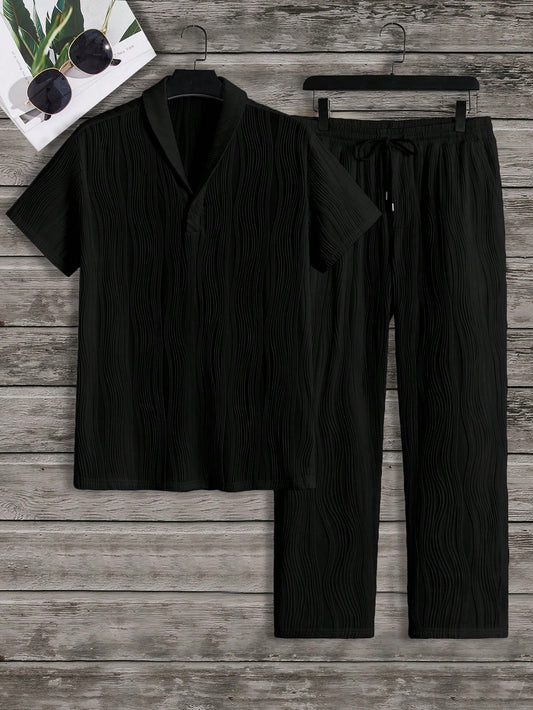 Manfinity Modagents Loose Men Solid Knitted Casual Short Sleeve Top and Trouser Two Pieces Set