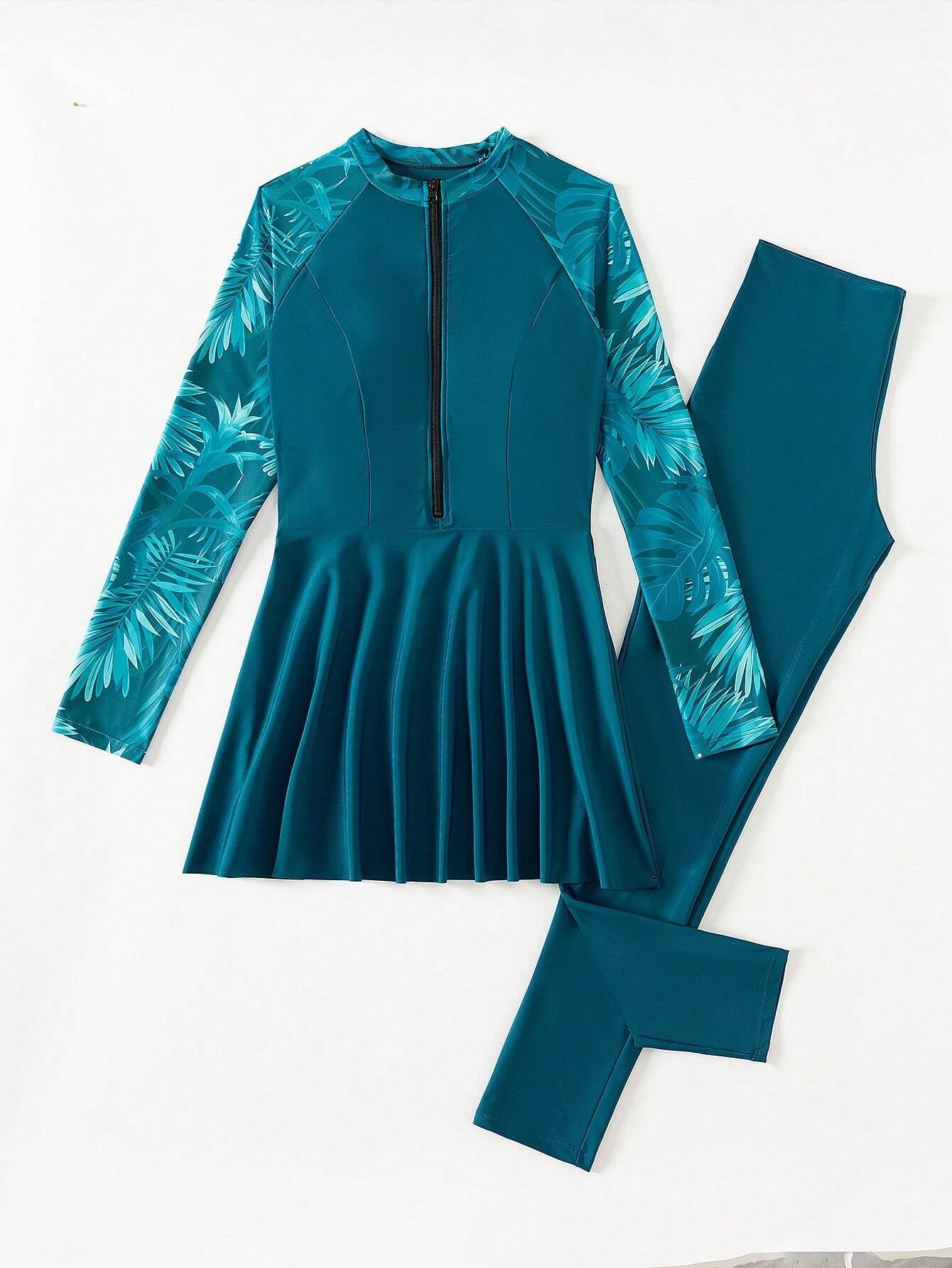 Swim Mulvari Women Summer Beach Contrast Plant Print Long Sleeve Top and Solid Pants Burkini Set Burkini Setteal Blue Dressarabic Clothing