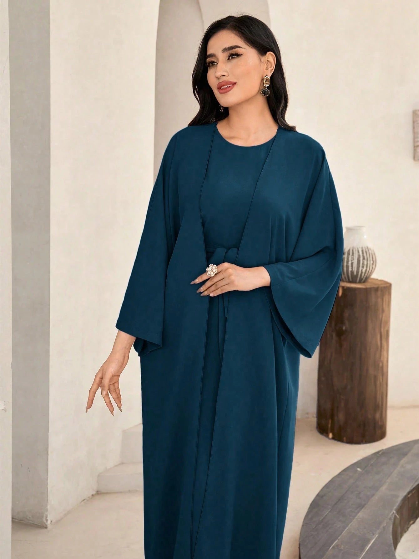 Al Najma Solid Color Bell Sleeve Abaya Dress with Waist Belt