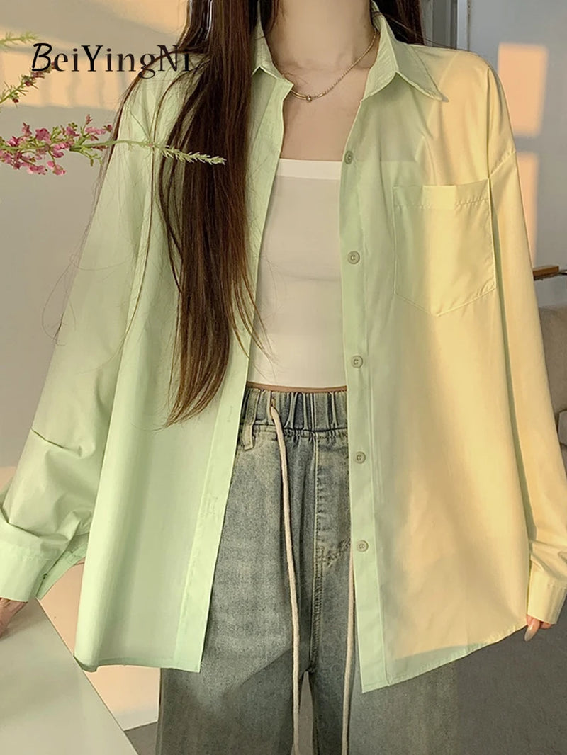 2025 Spring Autumn Women Shirts White Plain Loose Oversized Blouses Female Tops Loose BF Korean Style Blusas Pockets