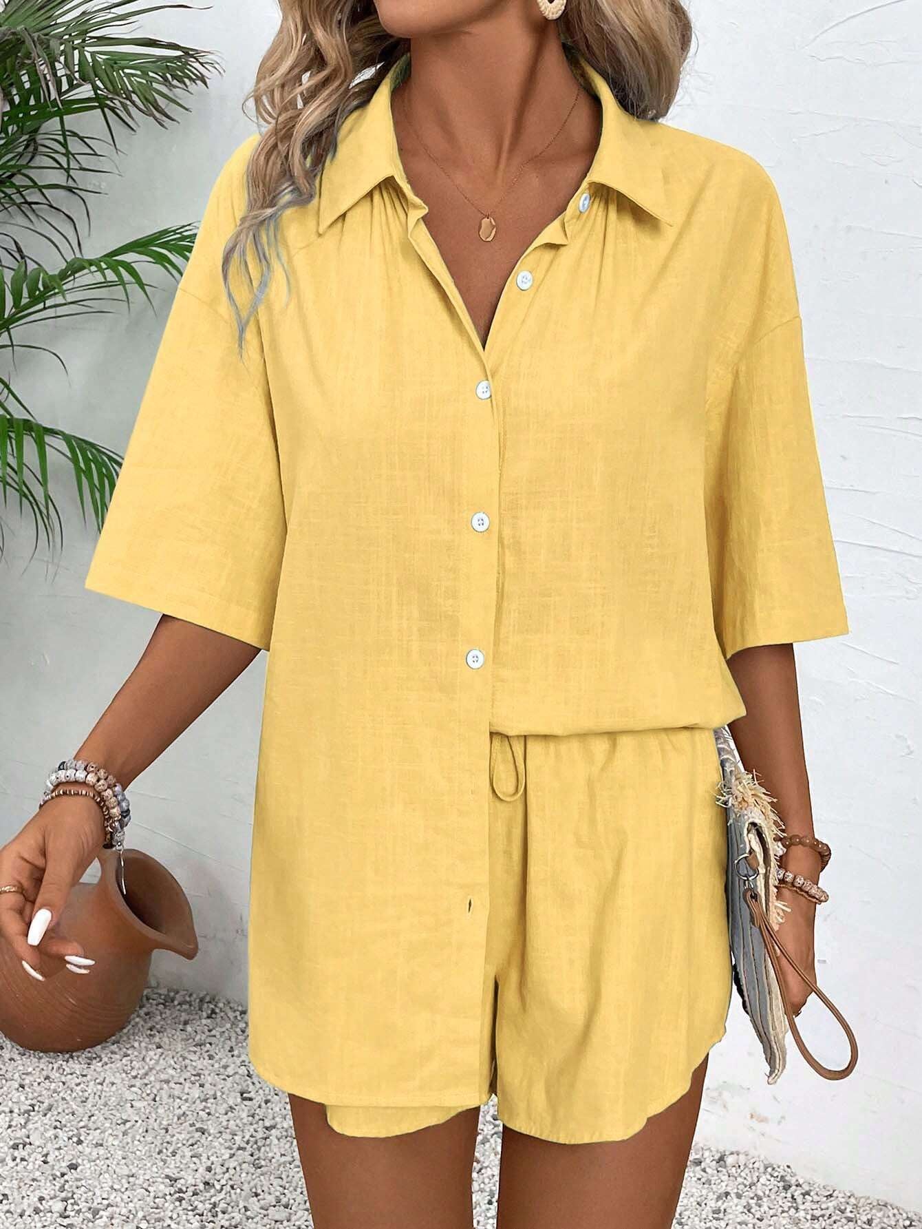 Breezaya Women'S Vacation Casual Solid Color Short Sleeve Shirt and Shorts Set
