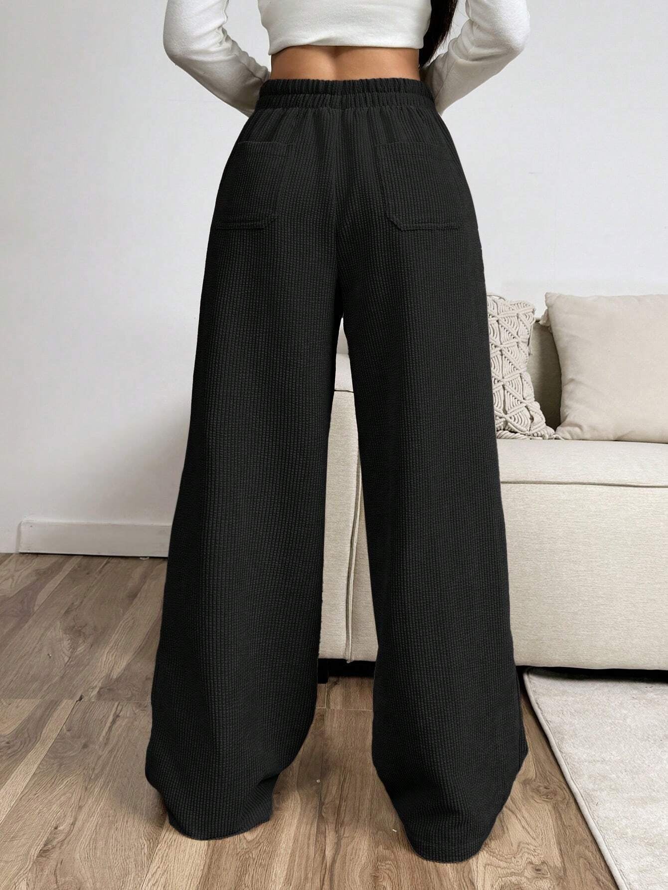 Ezwear Women'S Solid Color Front Tie Pocket Minimalist Wide Leg Pants, Casual Everyday Wear