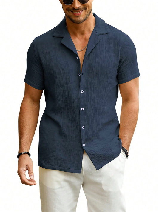 Men'S Slim-Fit Guayabera Button-Down Short Sleeve Casual Shirt, Suitable for Summer Wedding and Beach