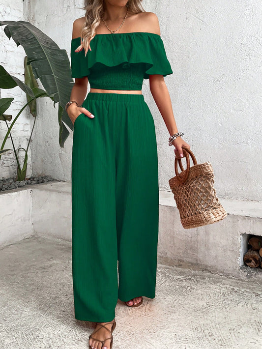 Breezaya off Shoulder Ruffle Trim Crop Top & Wide Leg Pants