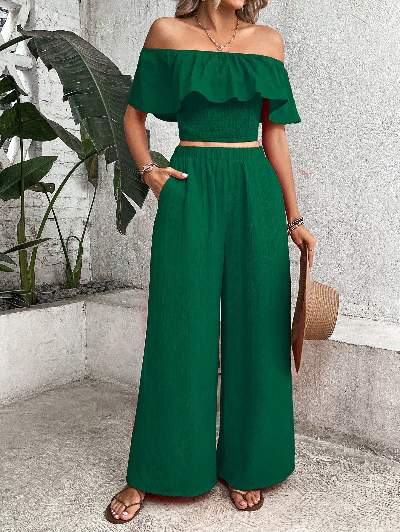 Breezaya off Shoulder Ruffle Trim Crop Top & Wide Leg Pants