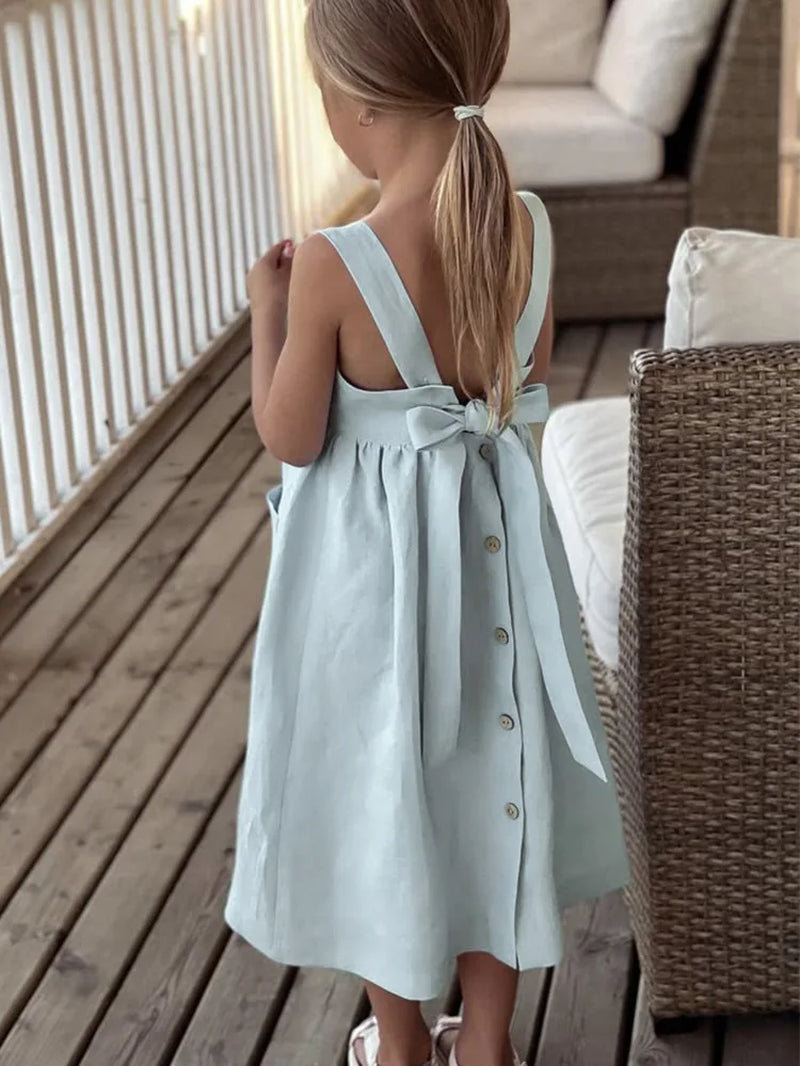 Girls' Cotton and Linen Sleeveless Suspender Dress with Adjustable Shoulder Straps Summer New Casual Pocket Kids Dresses TZ77