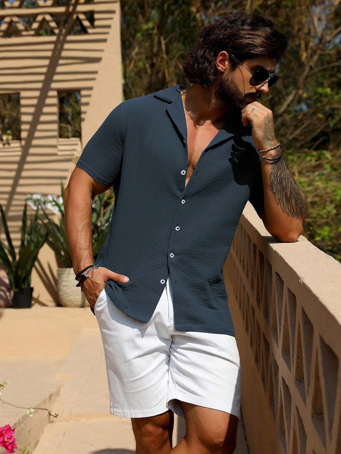Men'S Slim-Fit Guayabera Button-Down Short Sleeve Casual Shirt, Suitable for Summer Wedding and Beach