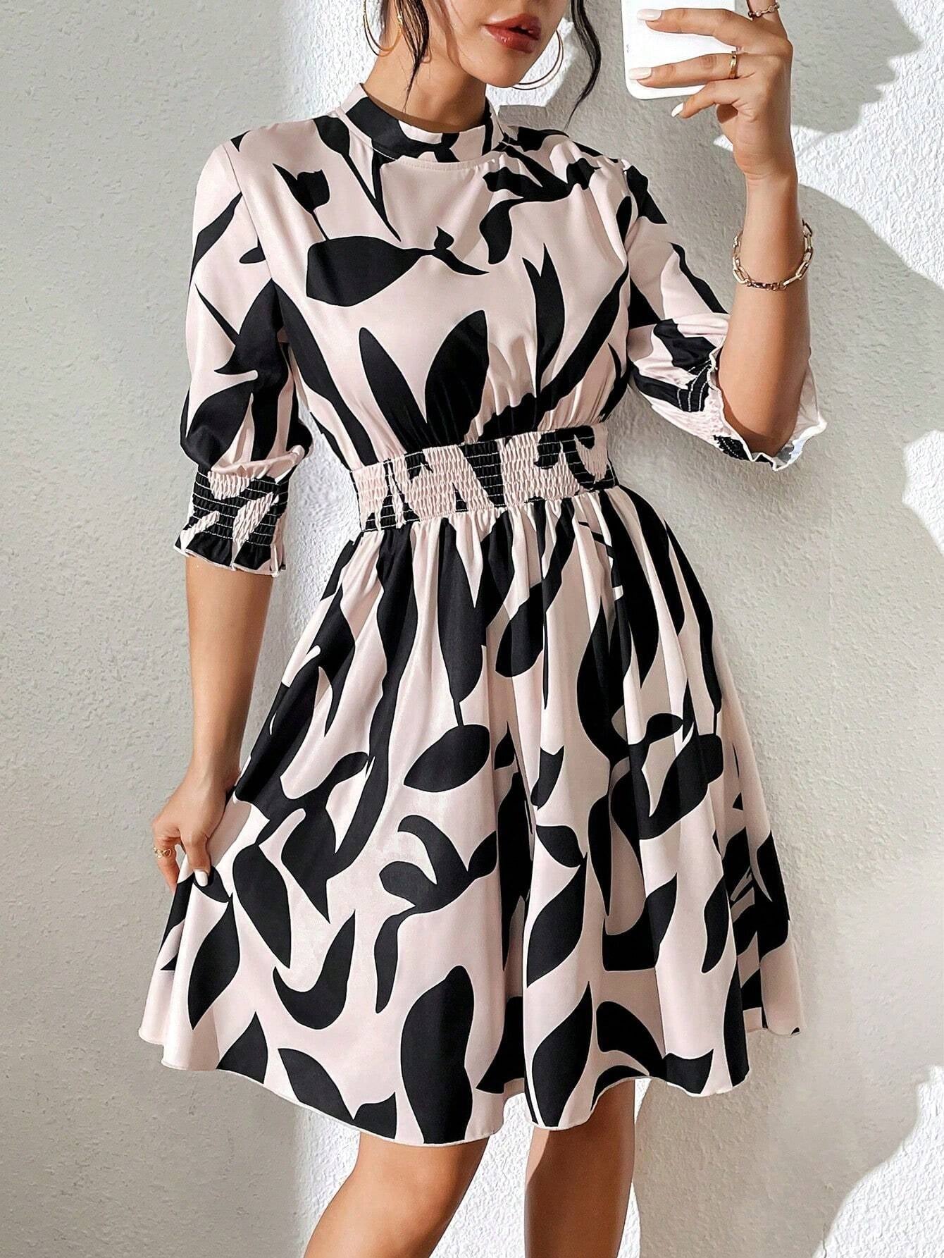 Clasi Pleated Cuffs and Waist Stand Collar Dress