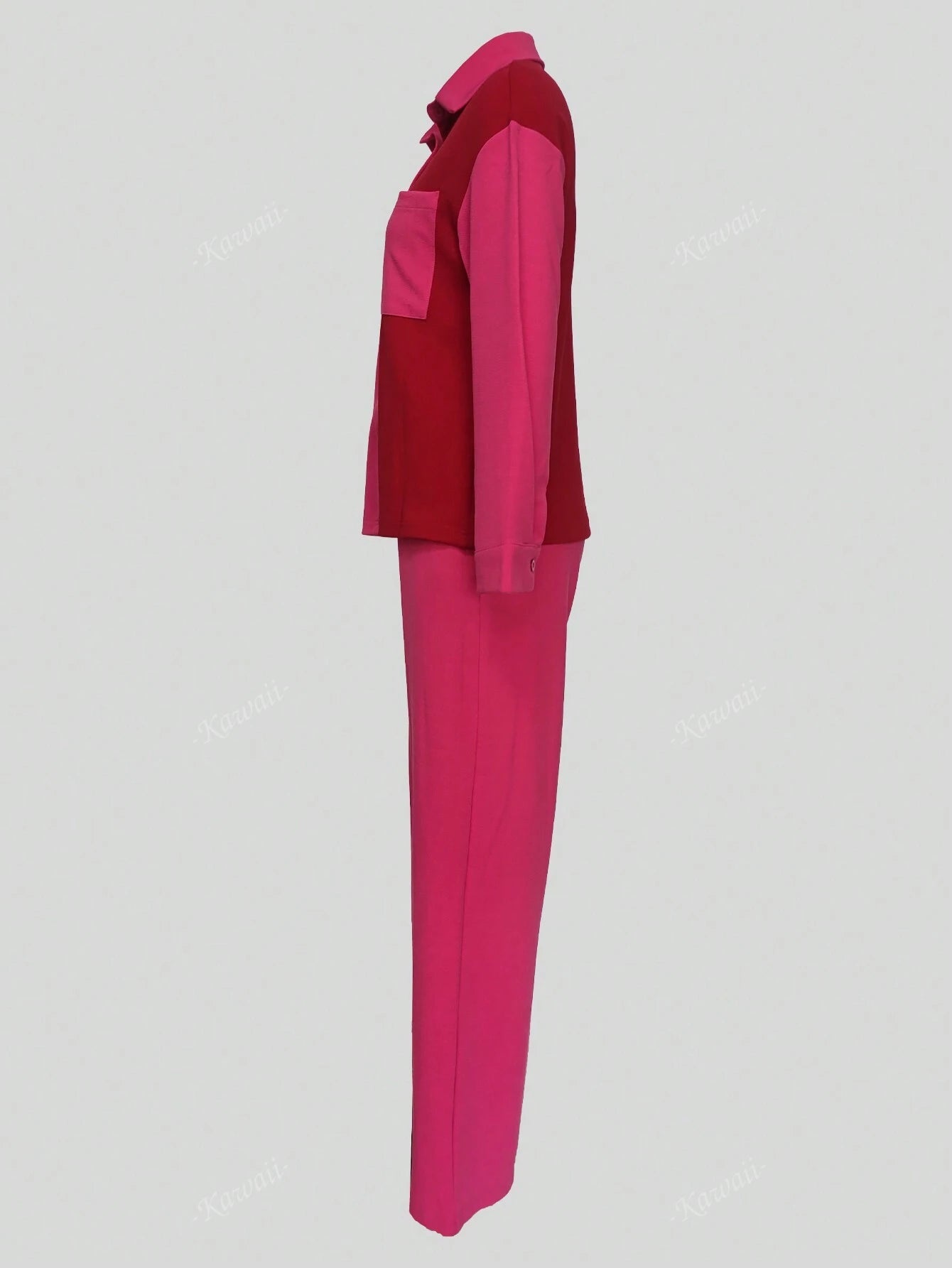 2Pcs Contrast Color Collared Casual Elegant Shirt and Solid Color Pants Suit
