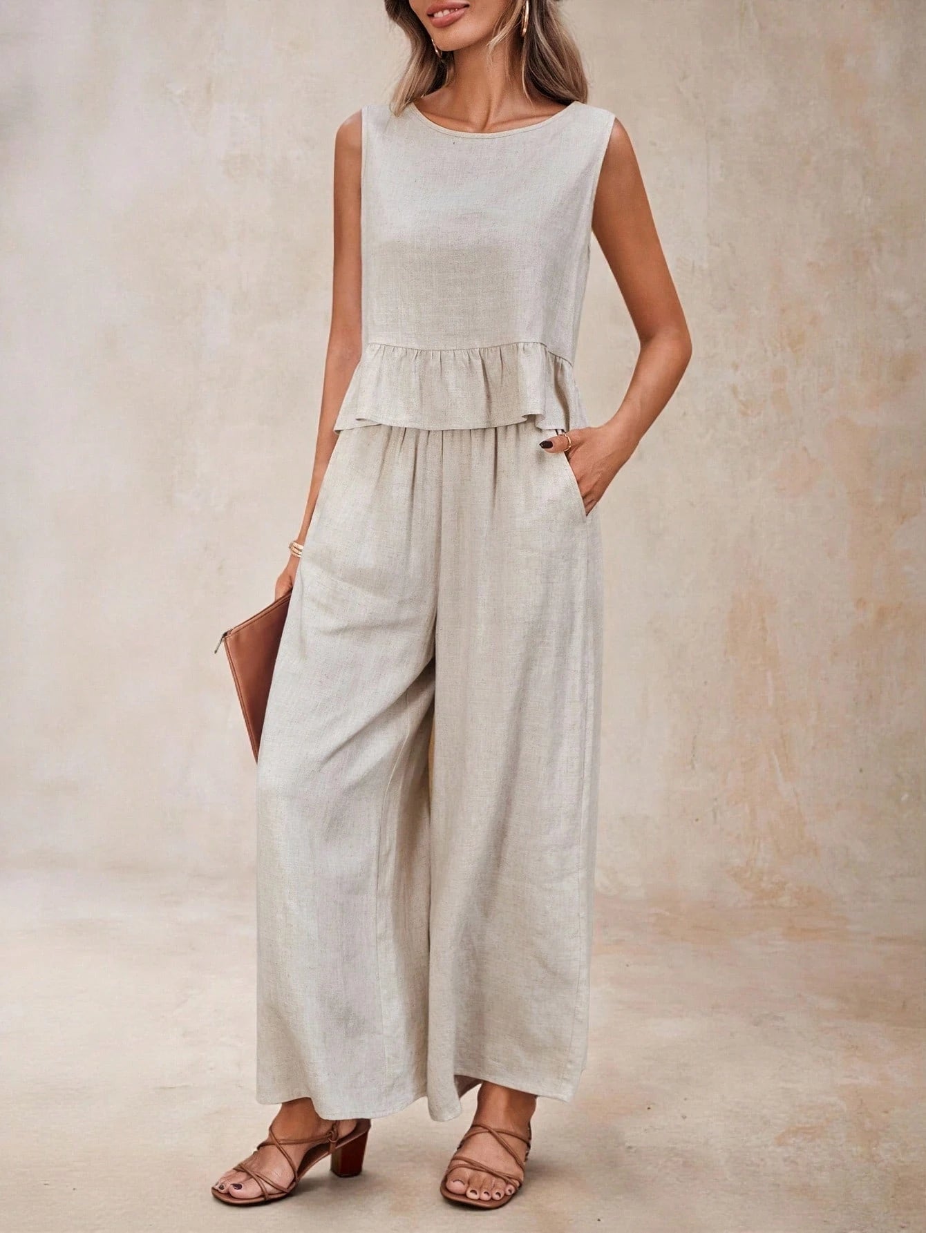 LUNE Women 2 Pieces Set Linen Casual Crop Top and Pants