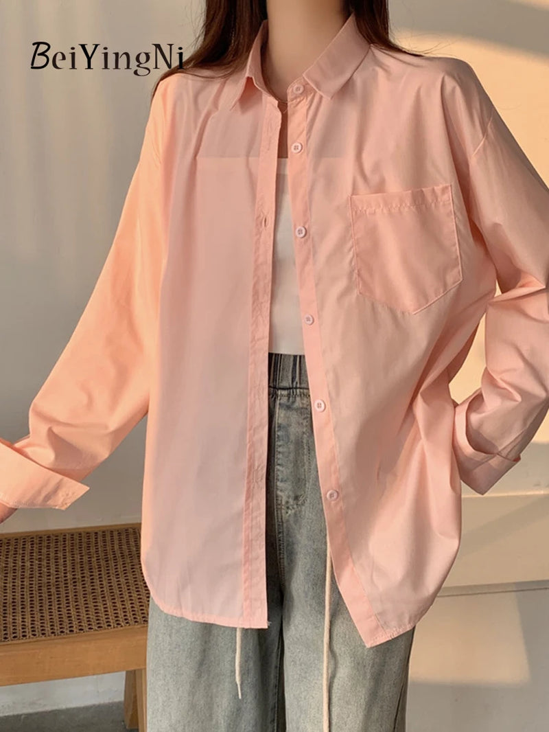 2025 Spring Autumn Women Shirts White Plain Loose Oversized Blouses Female Tops Loose BF Korean Style Blusas Pockets